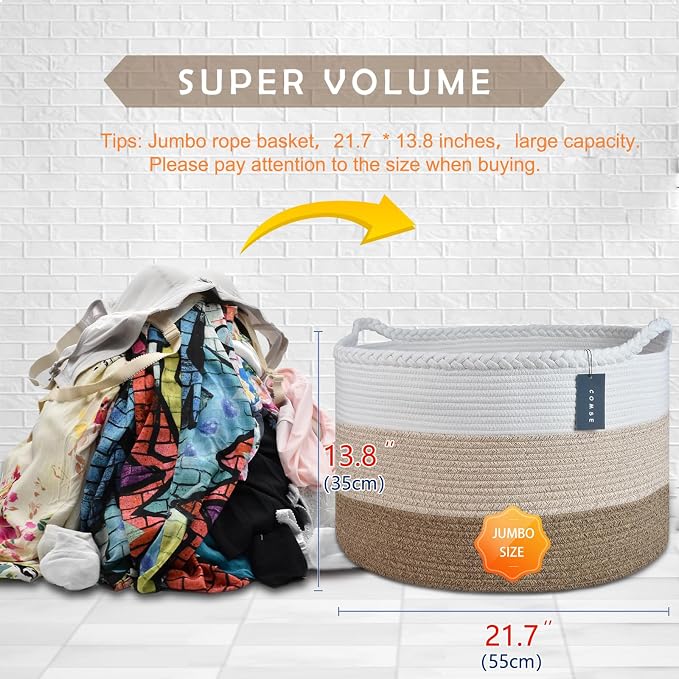 COMSE XXXLarge Woven Blanket & Laundry Basket, 87L, White & Gradient Brown | 21.7" x 13.8", Cotton Rope, Nursery Hamper for Storage of Toys Clothes Towels, Ideal for Living Room Bedroom Bathroom