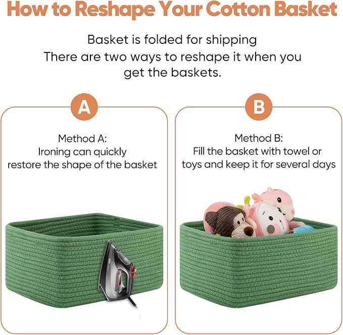 OIAHOMY 4 Pack 14.17 * 11.02 * 6.3IN Storage Baskets for Organizing Shelves, Woven Rope Baskets for Organizing Books, Clothes, Decorative Basket for Living Room, Nursery, Bedroom, Gift Basket, Green