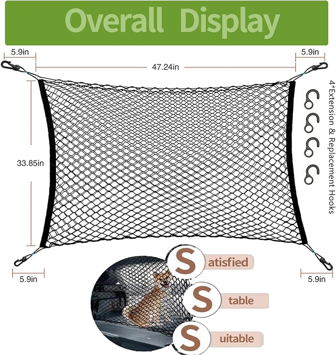 Car Dog Barrier Net, Hook Up Elastic Envelope Luggage Net (47.24" x 33.85") Dual Layer Safety Net for Pet Dog Vehicle Universal Mesh Barrier Guard Blocks Access to Car Front Seats Organiser Bag