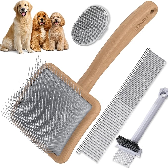 Slicker Brush for Dogs, Large Long Pin Dog Grooming Brush for Doodles Goldendoodles Poodles Labradoodle Bernedoodles, 4 Pcs Wooden Handle for Mats Tangles - Wood