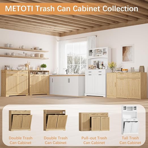 2 X 13 Gallons Double Pull Out Trash Can Cabinet with Storage, Oak | 54"W Fluted Kitchen Trash Cabinet with Adjustable Shelf & Drawers, Hidden Pet Proof Trash Can Holder for Laundry Living Room