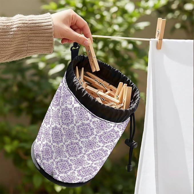 Clothespin Bag Holder Purple Damask Pattern Hanging Clothespin Bag with Hooks Large Capacity Clothespin Storage Organizer for Clothesline Outdoor