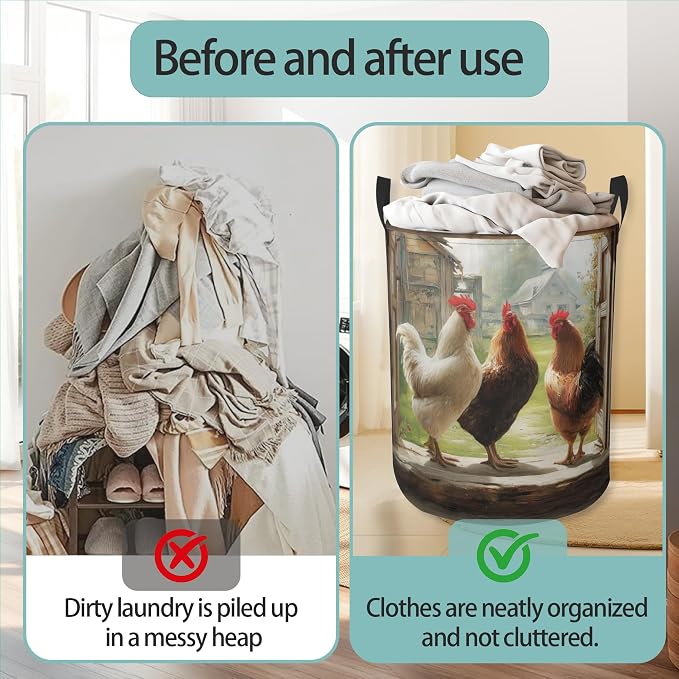 Retro FarmhouseRooster Laundry Basket With Handles Tote Bag Oxford Cloth Funny Laundry Hamper Clothes Storage Bucket Toy Organizer 16" X 20.8"For Bathroom/Laundry/Bedroom