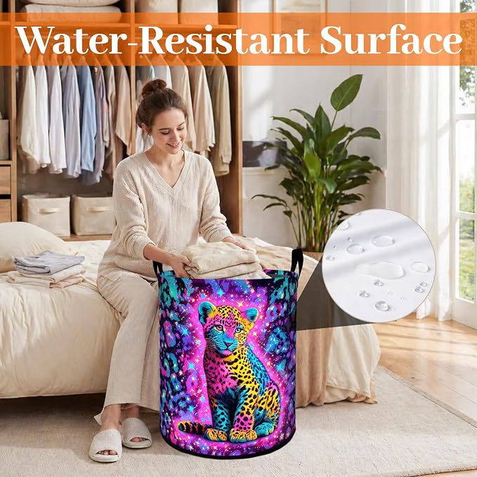 Neon Leopard Laundry Basket, Vibrant Colorful Wild Cat Oxford Cloth Dirty Clothes Collapsible Hamper for Room Decor, Jungle Gifts, Toy Organizer 19.7 x 15.7 Inches for Bedroom Bathroom Dorm
