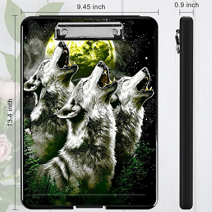 Three Gray Wolves A4 Clipboard with Storage Pen Holder, Clipboards Organizer Nursing Clipboard Foldable File Folder Plastic Clipboard Folio Clip Board for Office Students Classroom Doctor