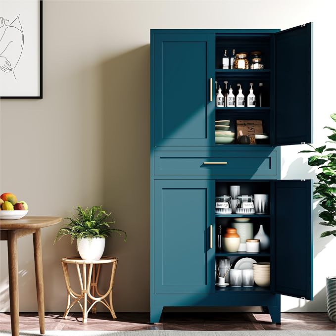 YAUWOH 71''Tall Kitchen Pantry Cabinet with Drawer,6-Tiers Metal Pantry Storage Cabinet with 4 Adjustable Shelves and 4 Barn Doors, Freestanding Farmhouse Food Cupboard for Dining Room (1PC,Blue)