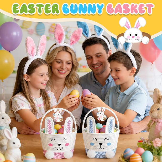 Easter Basket, Personalized Baby Easter Gifts Basket Empty with Handle, Bunny Ears Headband, Woven Cotton Rope Egg Baskets for Boys Girls Kids Toddler
