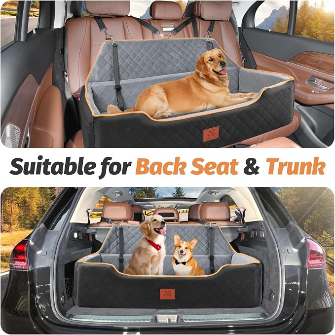 XIEEAOZEE Large Dog Car Seat for Pets Under 100 lbs, Backseat Dog Car Bed | Washable Pet Booster Seat for 2 Medium Dogs, Pet Travel Seat with Storage Pockets, Safety Belts
