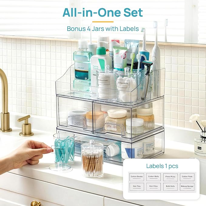 Vtopmart 8 PCS Bathroom Countertop Organizer, 1 Divided Tray with 4 Qtip Holder Jars and 3 Drawers, Restroom Clear Organizers for Toothbrush, Cotton Pads, Vanity Accessories Storage Set