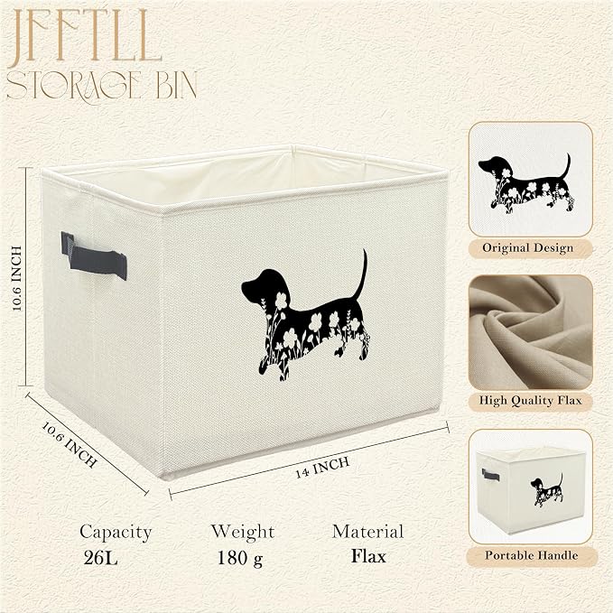 Black Floral Dachshund Dog Toy Basket, Dachshund Home Decor, Weiner Dog Gifts for Women Men Collapsible Pet Dogs Toy Storage Bin Box Basket Organizer, Pet Supplies for Dogs