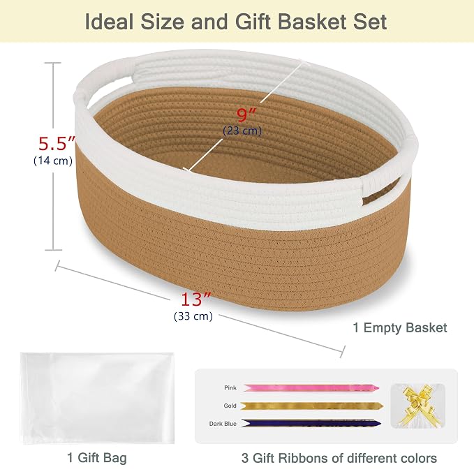 Small Woven Gift Basket with Bag & Ribbons, Camel | Cotton Rope, 13”x 9”x 5.5”, Fits for Kids, Women & Men, Bedroom, Living Room, Nursery & Bathroom Storage, Cat & Dog Toy Boxes