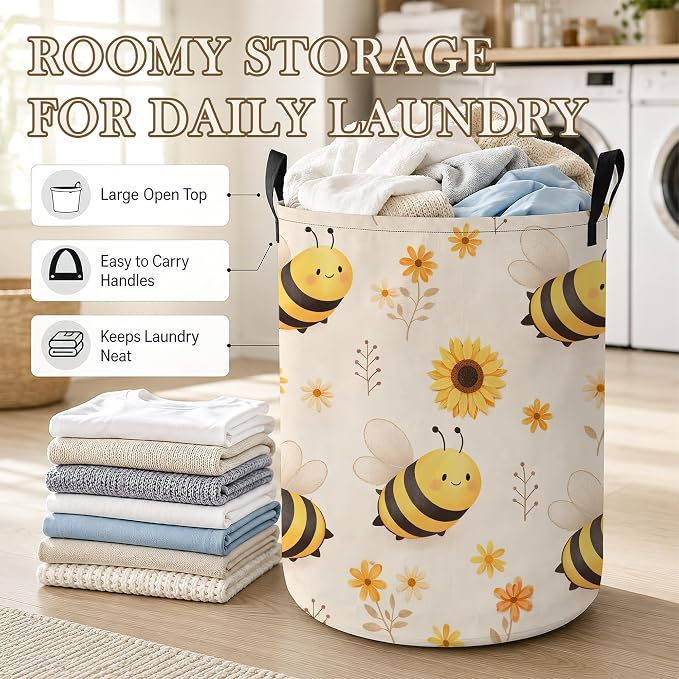 Bumble Bee Laundry Basket Oxford Cloth Sunflower Floral Laundry Hamper With Handle Foldable Portable Clothes Storage Basket Storage Bag For Laundry Room/Bathroom/Bedroom/Dormitory 20.8"x16"