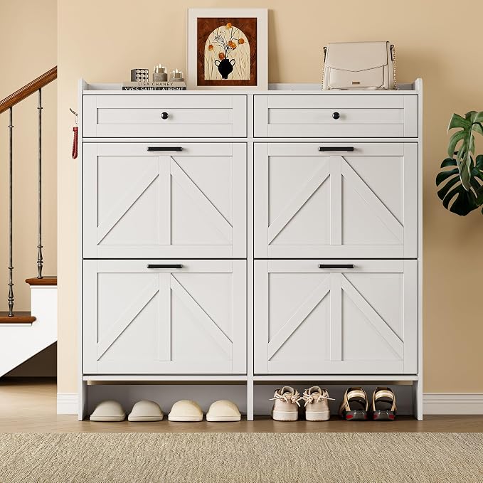 BORNOON Shoe Storage Cabinet for Entryway, Farmhouse Wide Shoe Cabinet with 4 Flip Drawers and 2 Top Drawers, Freestanding Organizer with Adjustable Shelves, Hooks, and Anti-Tip Kit for Hallway