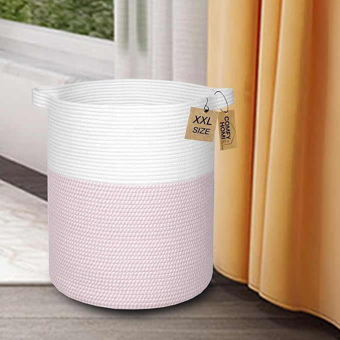 COMFY-HOMI XXL Large Laundry Basket with Handles Blanket Baskets Living Room|Woven Cotton Rope Decorative Basket Laundry Hamper Baby Basket Nursery Dog Toy Storage Organizer Bin-16”x18”-White/Pink