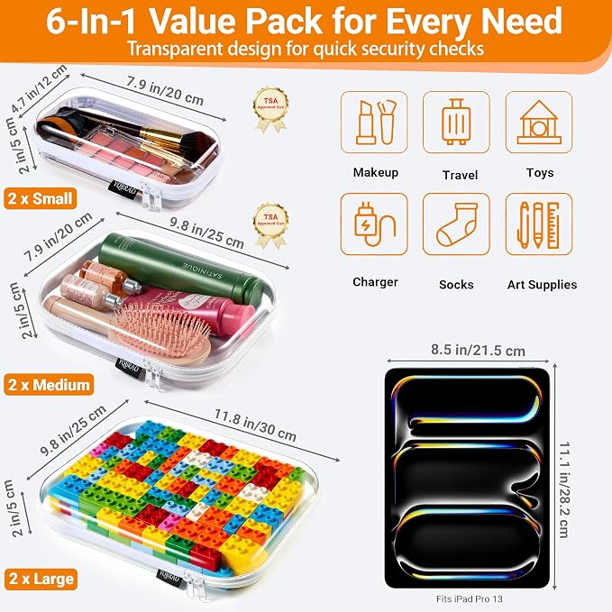 YQBRAO Clear Hard Shell Zipper Cases, Diaper Bag Organizer Pouches, White | Rigid clear shells in three practical sizes organize toiletries, cosmetics, cables, stationery and household essentials