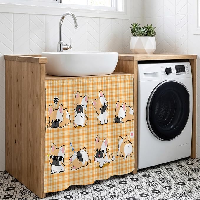 Cute Puppy Cabinet Dishwasher Hidden Curtains, Privacy Closet Door Curtain, Orange Beige Plaid Modern Funny Dogs Pet Adhesive Dust Proof Under Sink Skirt for Bathroom Kitchen 35"x35"