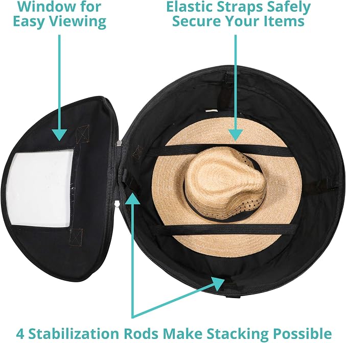 Hat Storage Box | Stuffed Animal Toy Storage | Stackable Round Pop-up Container | Travel Hat Boxes for Women & Men | Closet Organizer w Lid | Dust Cover Cowboy Sun Beach Hats (Black, 2 Pack)