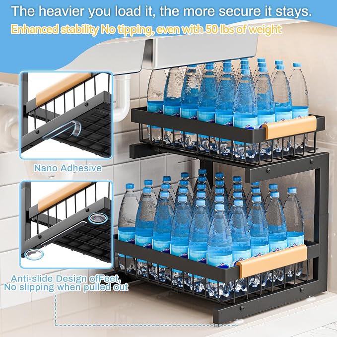 ADBIU Under Sink Organizer 2 Packs 2 Tier Expandable Height Under-Sink Organizers Slide Out Pull Out Organizer Shelf, Black