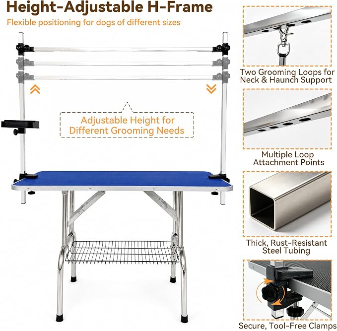 46'' Stainless Steel Dog Grooming Table, Foldable Pet Grooming Stand, Adjustable Arm, 2 Nooses & 2 Storage Baskets, Anti-Slip Top, Capacity, Medium Large Dog Cat Home Salon, Blue