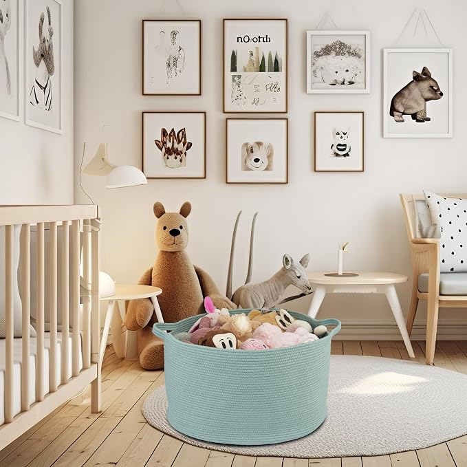 XUANGUO Extra Large Cotton Rope Round Storage Basket 22" x 14" Light Green | Woven basket for blankets, toys, towels, laundry, nursery, living room and pet toy storage.