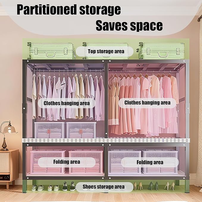 59.1in Heavy Duty Portable Closet, Foldable Wardrobe Closet with Cover, Metal Clothing Shelves for Clothes Organizers and Storage, for Bedrooms, Apartments, Rental Properties (Black, 59.1in)