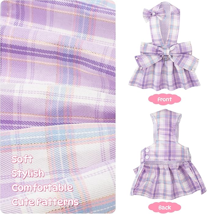 Coppthinktu Plaid Dog Dresses for Small Dogs Girl Bowknot Harness Leash Set