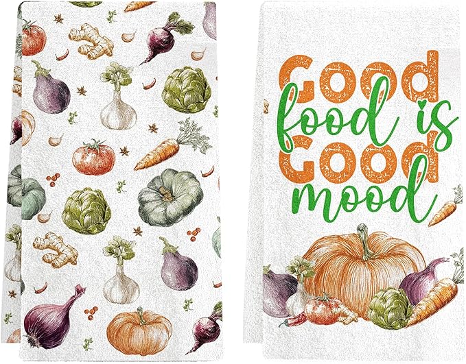 Vegetable Kitchen Towels Set of 2, Food Dish Towels for Kitchen Drying, 17x26 Inch Absorbent Dishcloths for Cleaning, Cute Garden Vegetables Dish Towels, Farmhouse Home Housewarming Gifts