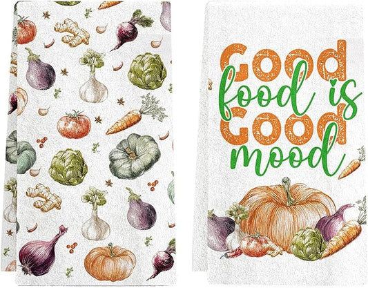 Vegetable Kitchen Towels Set of 2, Food Dish Towels for Kitchen Drying, 17x26 Inch Absorbent Dishcloths for Cleaning, Cute Garden Vegetables Dish Towels, Farmhouse Home Housewarming Gifts
