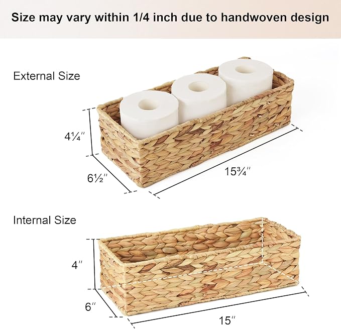 StorageWorks Wicker Toilet Paper Basket, Toilet Tank Basket for Bathroom | Water Hyacinth Storage Baskets for Toilet Tank Top, Pantry, Back of Toilet Basket, Bathroom Baskets for Organizing, 2-Pack