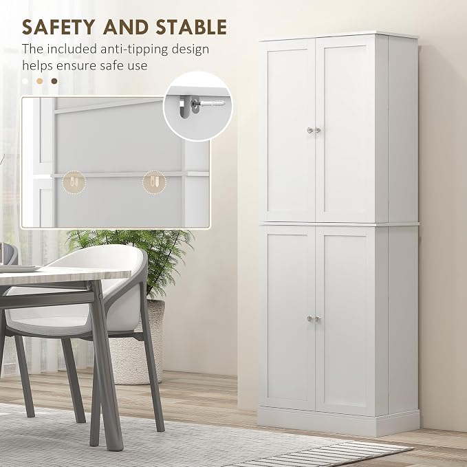 HOMCOM 65" Kitchen Pantry Storage Cabinet 16 Door Shelves White | Freestanding Kitchen Cabinet, 4 Doors, 8-Tier Shelving, Adjustable Shelves