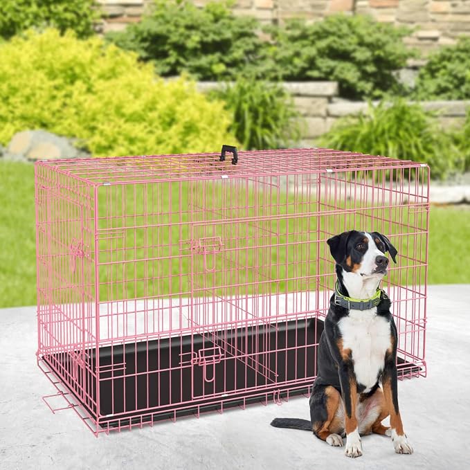 BestPet | Dog Crate | 36" | Pink | Foldable Metal Kennel with Double Doors | Secure Slide-Bolt Latches, Leakproof Tray | Portable Dog Cage for Medium Sized Breeds | for Travel, Indoor & Outdoor Use