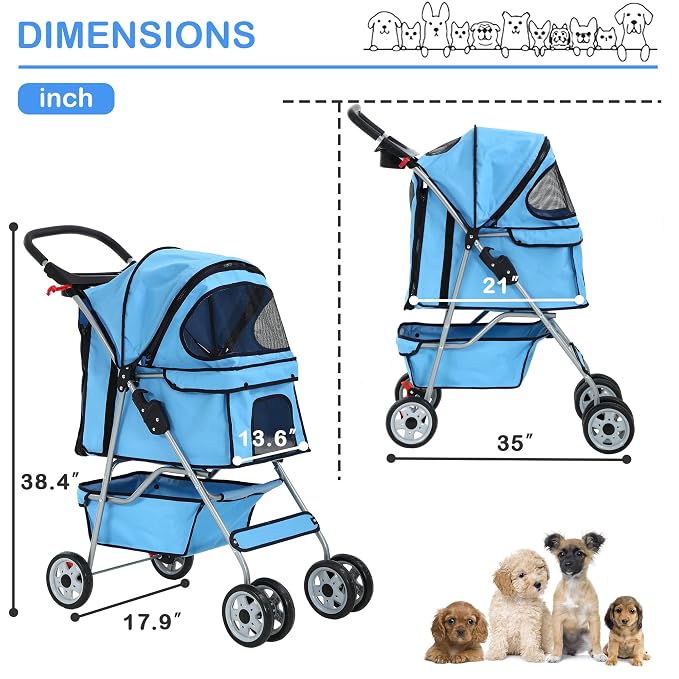 Pet Stroller,4 Wheels Dog Stroller with Storage Basket,Compact Portable Folding Carrier for Travel,Camping,Dog Carrier for Small Medium Dogs Or Cats,Lightweight Waterproof Pet Stroller,Blue