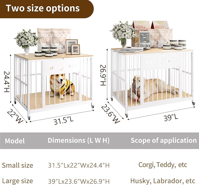39" Foldable Dog Crate Furniture, Natural Wood | Wooden Construction, RGB Ceiling Lights, Silent Casters, Multi-Purpose End Table TV Stand, For Small Medium Dogs