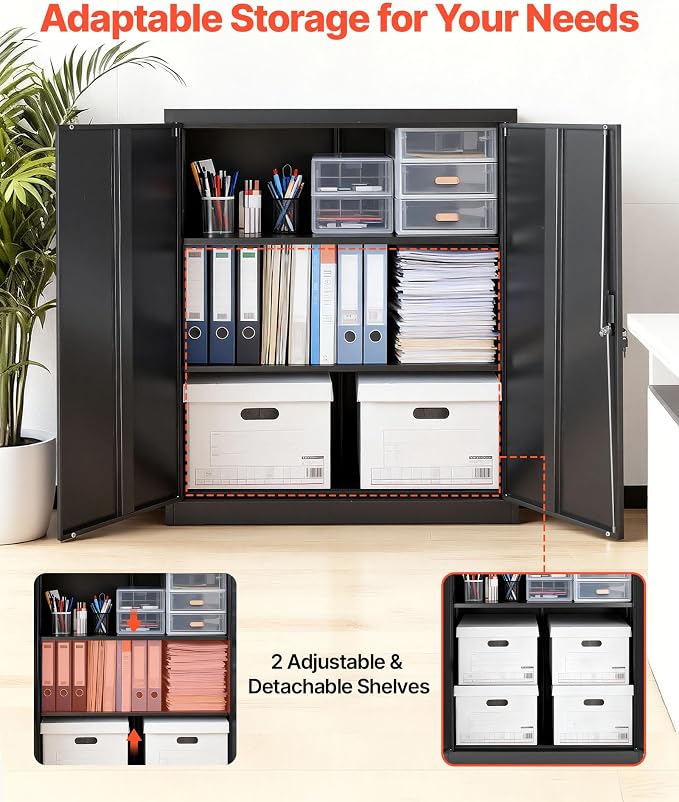 VEVOR Metal Storage Cabinet, 41.7 in Steel Garage Cabinet with 2 Adjustable Shelves, 2 Magnetic Doors & 2 Keys, 3 Tiers Lockable Tool Storage for Pantry, Warehouse, Basement, Office, Black