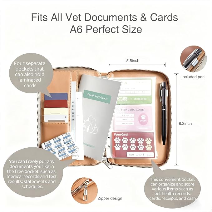 TSD Custom Pet Health Record Holder Bag Personalized Vaccine Card Wallet Engraved with Pet Name A6 Leather Pouch for Dog Cat Vet Travel Organizer