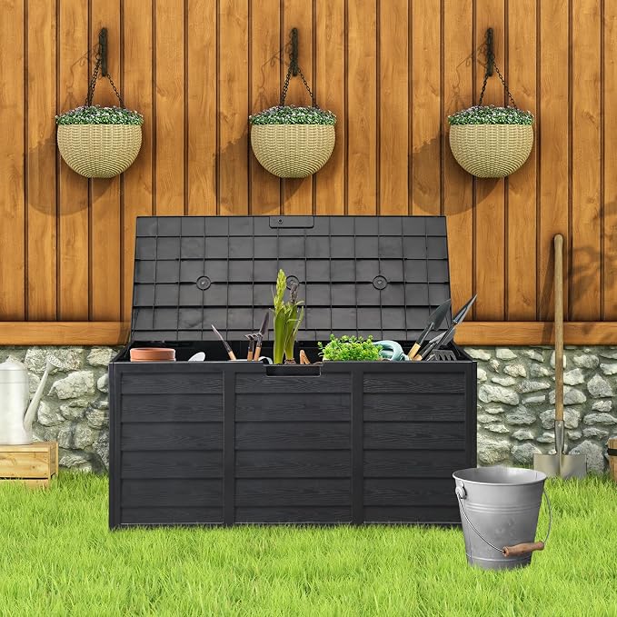 75 Gallon Black Outdoor Storage Box with Wheels, Waterproof Resin Deck Box for Patio Cushions & Garden Tools, Rolling Garden Storage Bin, Weather Resistant Trunk