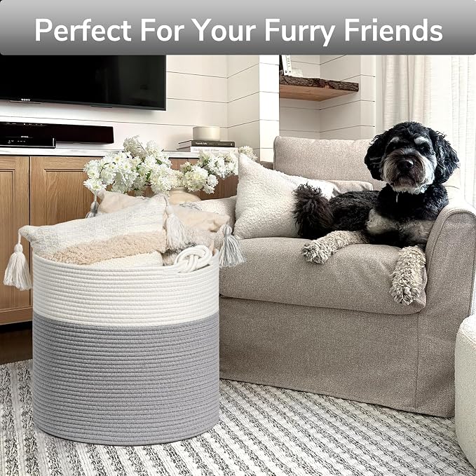 Goodpick Woven Rope Blanket Basket Living Room, 40L, Grey | Small Laundry Basket for Organizing Baby Clothes, Blankets & Pillows, Great for Bedroom Nursery Home Décor
