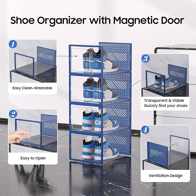 Large Shoe Organizer Storage Box with Magnetic Door,12 Pack Clear Plastic Stackable Sneaker Containers for Closet, Connect Left and Right Shoe Box for Entryway, Drop Front, Under Bed (Blue)