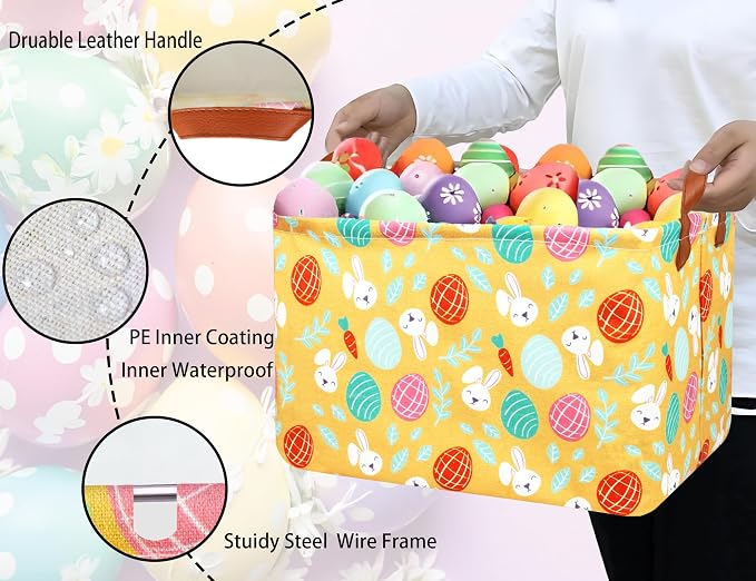 Large Rectangular Easter Baskets Empty Waterproof Boy Toy Box Foldable Kid's Gifts Storage Bin Spring Room Decor(Yellow Leaf Rabbit Egg)