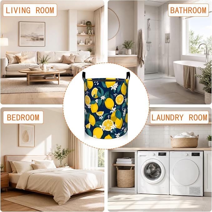 Lemon Floral Laundry Basket, Blossom Fruit Oxford Cloth Dirty Clothes Collapsible Hamper for Room Decor, Botanical Gifts, Toy Organizer 19.7 x 15.7 Inches for Bedroom Bathroom Dorm