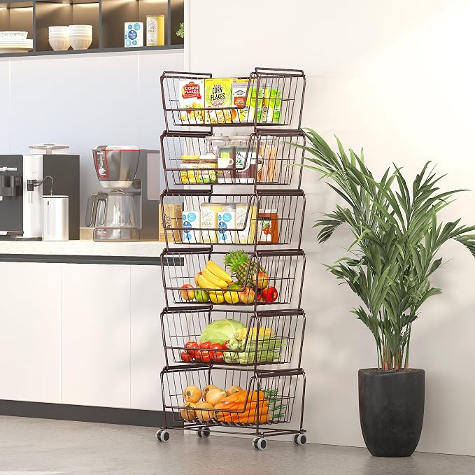 PUSDON 4-Tier Spacious Stackable Wire Storage Baskets with Wheels, Metal Rolling Utility Cart, Produce Basket for Pantry, Bathroom Organizer Shelf, Vintage Bronze