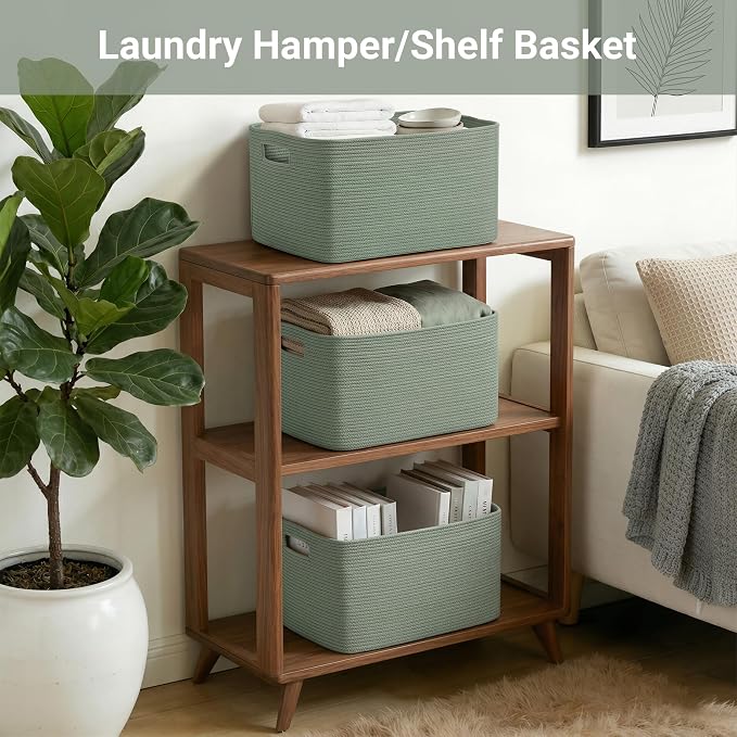 75L Green Cotton Rope Storage Basket, Large Rectangle Laundry Hamper with Handles, 22”x17”x12” Woven Blanket and Toy Basket for Living Room, Bedroom and Nursery