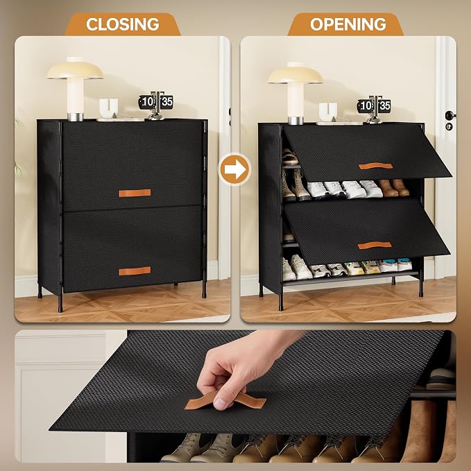 4-Tier Shoe Storage Cabinet with Fabric Cover, Hard Flip Doors, Holds 12–16 Pairs, Enclosed Dustproof Shoe Rack Organizer for Entryway, Closet & Bedroom, Shoe Shelf, Black, 27.8" x 12.0" x 31.5"
