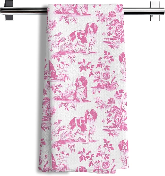 Pink Chinoiserie Cavalier King Charles Spaniel Kitchen Towels,Cavalier King Charles Spaniel Gifts,Grandmillennial Botanical Dog Hand Towels for Kitchen Bathroom, 16x24 Inch