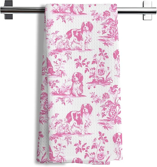 Pink Chinoiserie Cavalier King Charles Spaniel Kitchen Towels,Cavalier King Charles Spaniel Gifts,Grandmillennial Botanical Dog Hand Towels for Kitchen Bathroom, 16x24 Inch