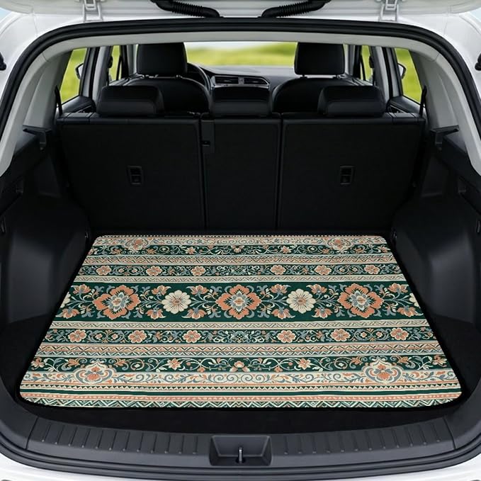 Howilath Heavy Duty Car Trunk Mat Non-Slip All Weather Green Floral Striped Aztec Rear Trunk Protection Auto Interior Accessory Durable & Easy Clean