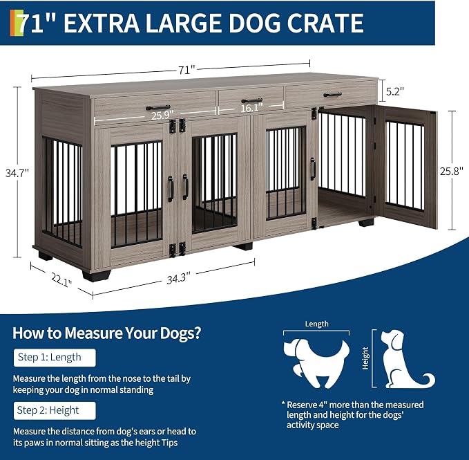 IDEALHOUSE Large Double Dog Crate Furniture with Storage Drawers, Grey | Wooden Dog Kennel with Divider, 3 Drawers, TV Stand, Heavy Duty Dog Bed & Sofa for Medium and Large Dog, 71 Inch Dog Cage