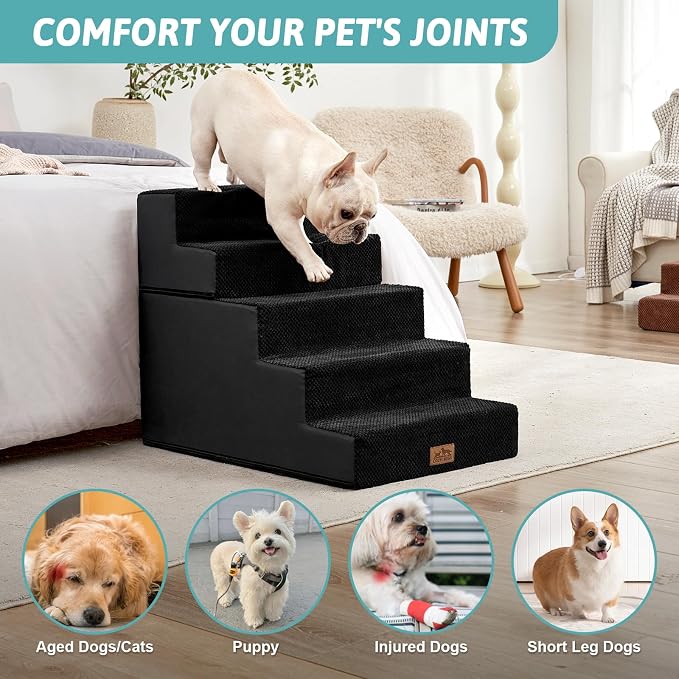 COZY KISS Dog Stairs for Small Dogs, 5 Step Pet Stairs for Beds & Couches | 23.6" H Wide Non-Slip Dog Steps with Removable Tiers & Support Board for Puppies, Older Cats & Dogs, Black