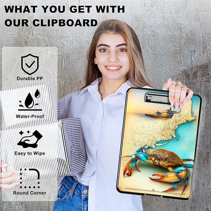 Heavy Duty Storage Clipboard, Slim Nursing Clipboard with Internal Pen Case, Portable File Organizer Case for A4 Letter Size Paper Office Medical Professionals, Map Crab