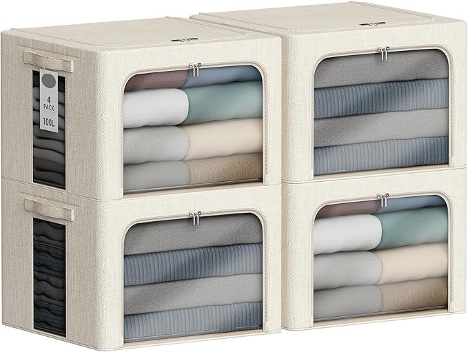 4 Pack Clothes Storage Bins with Metal Frame - 100L Stackable Storage Box with Lid，Foldable Storage Container Organizer for Clothes，Linen Fabric Storage Box with Clear Window＆Zippers＆Handles